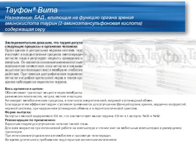 Тауфон® Вита Назначение: БАД , влияющие на функцию органа зрения аминокислота таурин