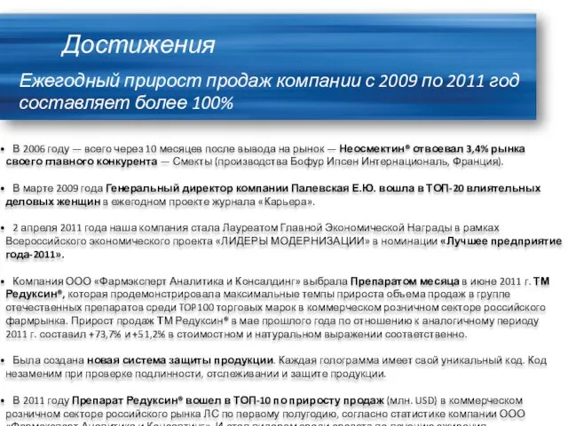 Ежегодный прирост продаж компании с 2009 по 2011 год составляет более 100%