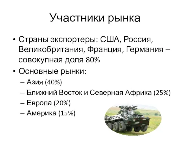 Участники рынка Страны экспортеры: США, Россия, Великобритания, Франция, Германия – совокупная доля