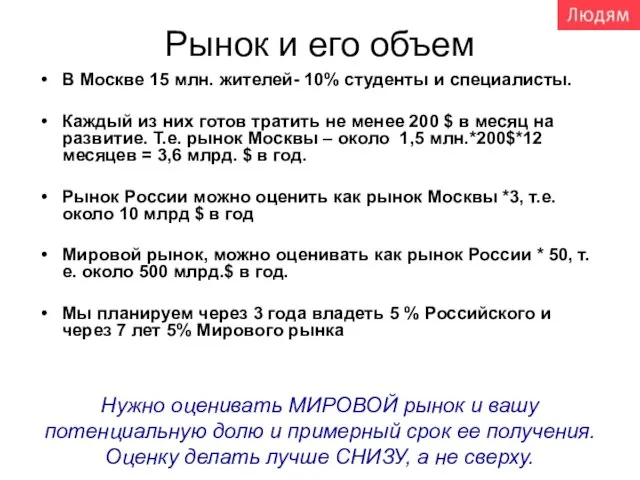 Рынок и его объем В Москве 15 млн. жителей- 10% студенты и