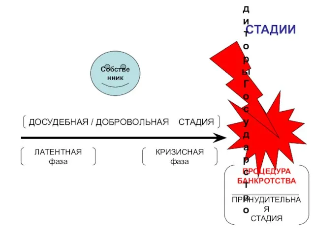 СТАДИИ ПРОЦЕДУРА БАНКРОТСТВА ПРИНУДИТЕЛЬНАЯ СТАДИЯ ЛАТЕНТНАЯ фаза КРИЗИСНАЯ фаза Собственник Кредиторы Государство ДОСУДЕБНАЯ / ДОБРОВОЛЬНАЯ СТАДИЯ