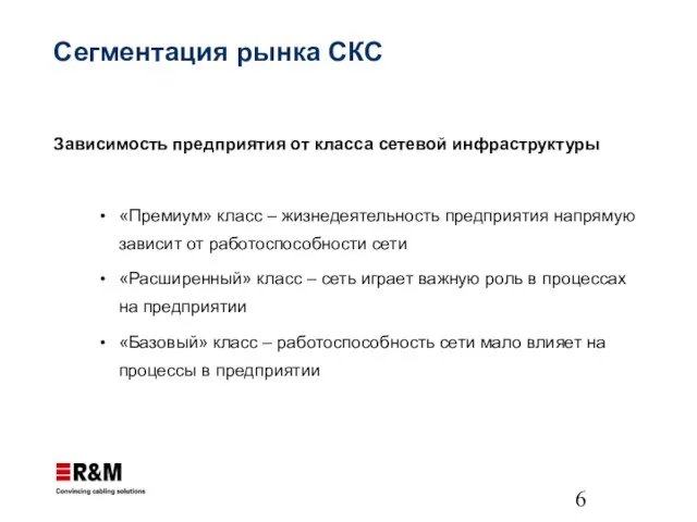 Сегментация рынка СКС Зависимость предприятия от класса сетевой инфраструктуры «Премиум» класс –