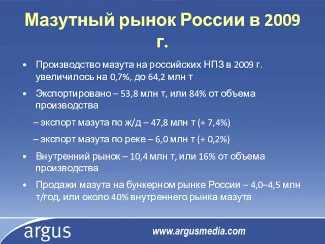 Мазутный рынок России в 2009 г. Производство мазута на российских НПЗ в