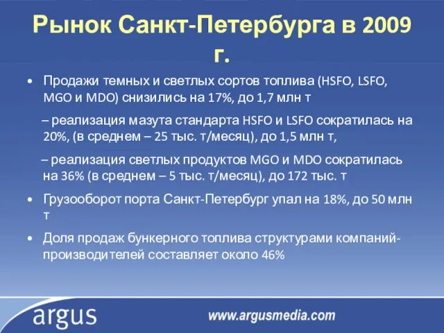 Рынок Санкт-Петербурга в 2009 г. Продажи темных и светлых сортов топлива (HSFO,