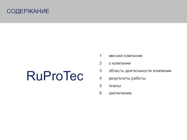 СОДЕРЖАНИЕ миссия компании о компании область деятельности компании результаты работы планы заключение RuProTec