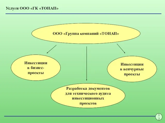 12 ООО «Группа компаний «ТОНАП» Инвестиции в бизнес-проекты Инвестиции в венчурные проекты