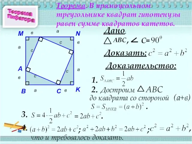 Теорема. В прямоугольном треугольнике квадрат гипотенузы равен сумме квадратов катетов. А а