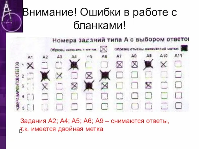 Внимание! Ошибки в работе с бланками! D Задания А2; А4; А5; А6;