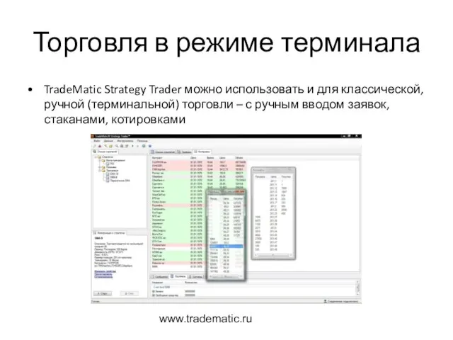 www.tradematic.ru Торговля в режиме терминала TradeMatic Strategy Trader можно использовать и для