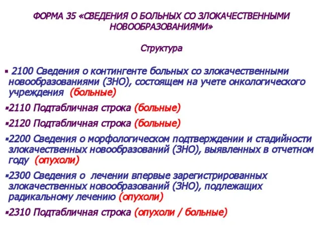 2100 Сведения о контингенте больных со злокачественными новообразованиями (ЗНО), состоящем на учете