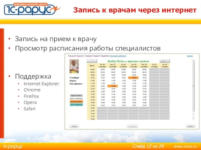 Запись на прием к врачу Просмотр расписания работы специалистов Поддержка Internet Explorer