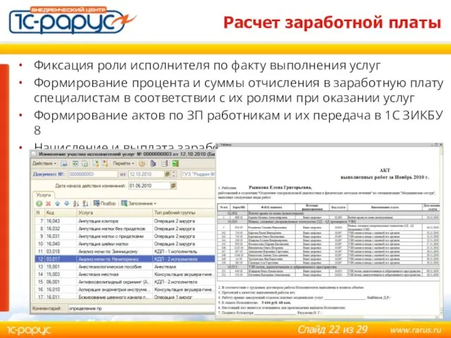 Расчет заработной платы Фиксация роли исполнителя по факту выполнения услуг Формирование процента