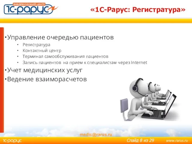 medic@rarus.ru «1С-Рарус: Регистратура» Управление очередью пациентов Регистратура Контактный центр Терминал самообслуживания пациентов