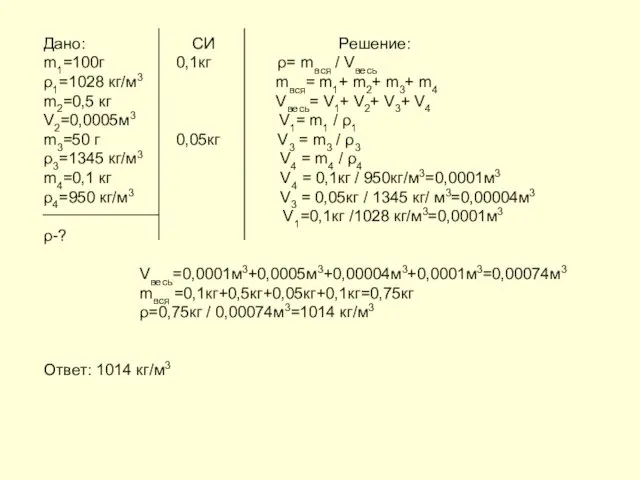 Дано: СИ Решение: m1=100г 0,1кг ρ= mвся / Vвесь ρ1=1028 кг/м3 mвся=