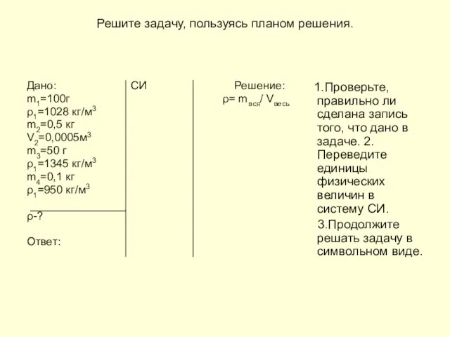 Решите задачу, пользуясь планом решения. Дано: СИ Решение: m1=100г ρ= mвся/ Vвесь