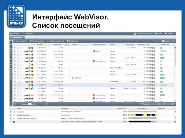 Интерфейс WebVisor. Список посещений