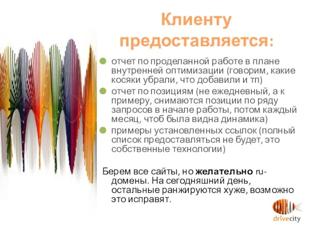 Клиенту предоставляется: отчет по проделанной работе в плане внутренней оптимизации (говорим, какие