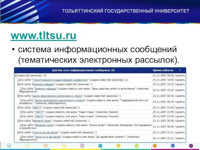www.tltsu.ru система информационных сообщений (тематических электронных рассылок).