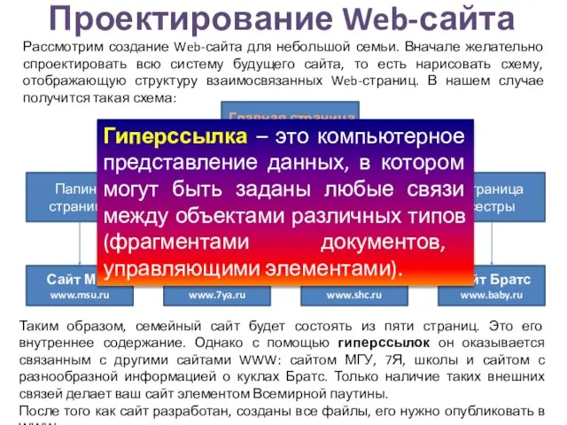 Проектирование Web-сайта Главная страница Рассмотрим создание Web-сайта для небольшой семьи. Вначале желательно