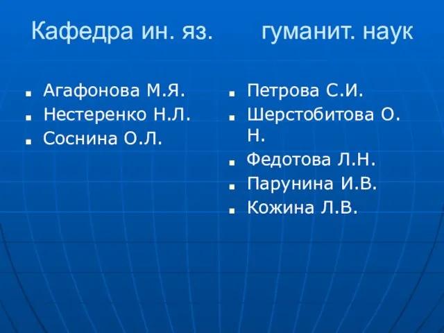 Кафедра ин. яз. гуманит. наук Агафонова М.Я. Нестеренко Н.Л. Соснина О.Л. Петрова