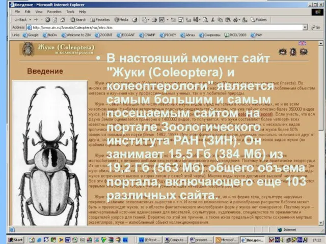 В настоящий момент сайт "Жуки (Coleoptera) и колеоптерологи" является самым большим и