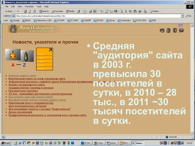 Средняя "аудитория" сайта в 2003 г. превысила 30 посетителей в сутки, в