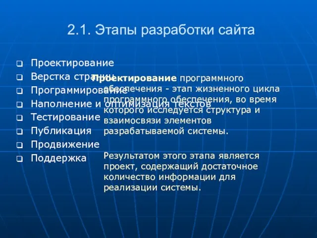 2.1. Этапы разработки сайта Проектирование Верстка страниц Программирование Наполнение и оптимизация текстов