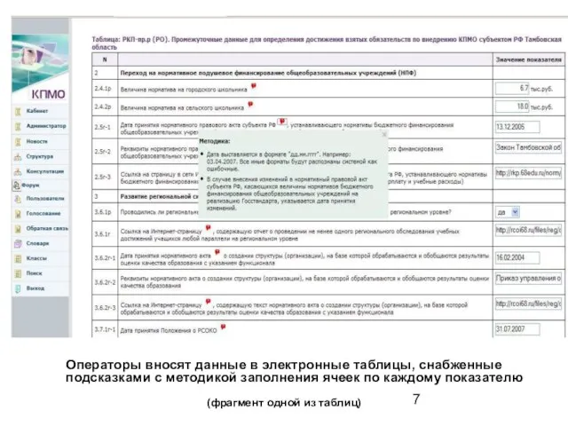 Операторы вносят данные в электронные таблицы, снабженные подсказками с методикой заполнения ячеек