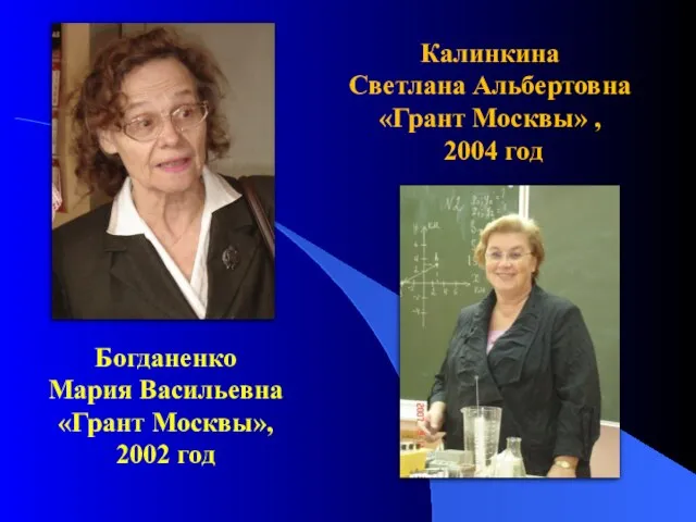 Калинкина Светлана Альбертовна «Грант Москвы» , 2004 год Богданенко Мария Васильевна «Грант Москвы», 2002 год