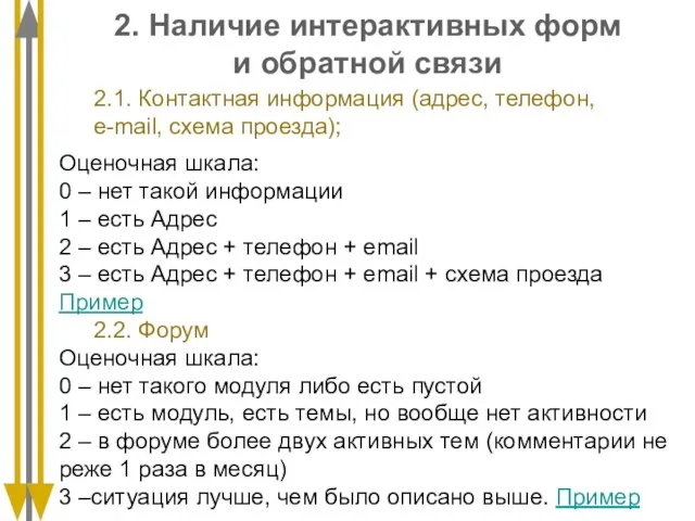 2. Наличие интерактивных форм и обратной связи 2.1. Контактная информация (адрес, телефон,