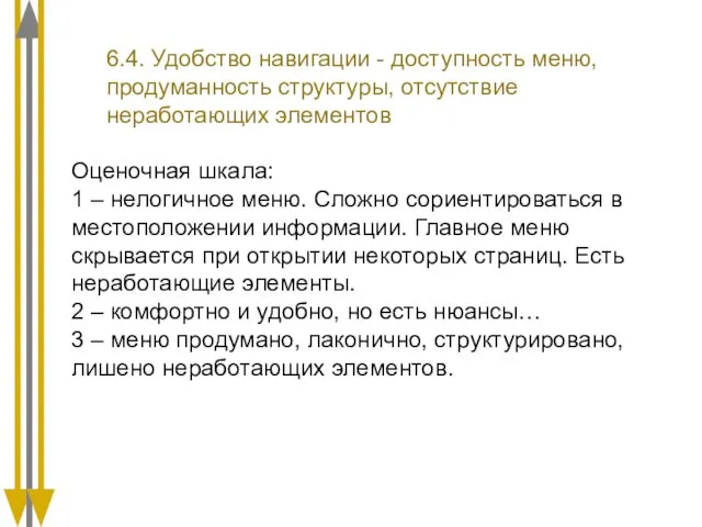 6.4. Удобство навигации - доступность меню, продуманность структуры, отсутствие неработающих элементов Оценочная