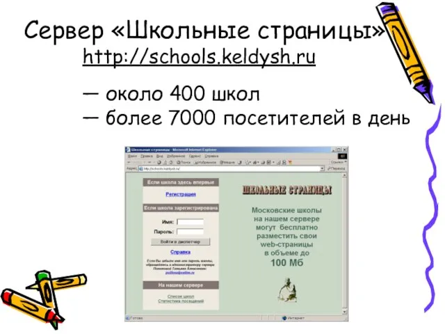 Сервер «Школьные страницы» http://schools.keldysh.ru — около 400 школ — более 7000 посетителей в день