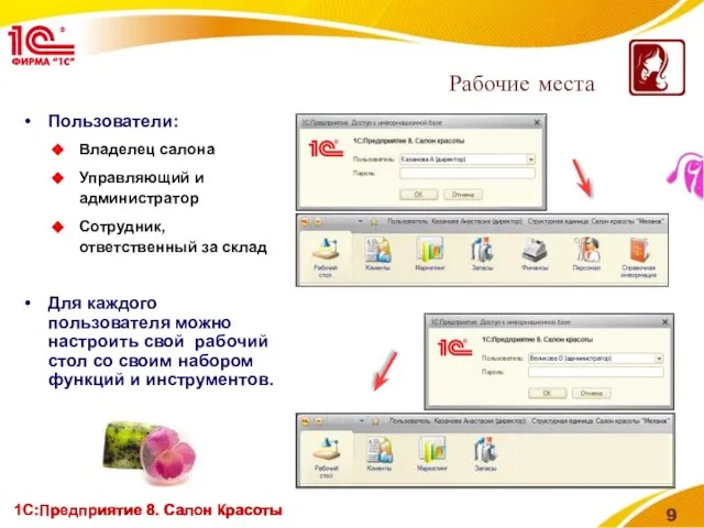 1С:Предприятие 8. Салон красоты 1С:Предприятие 8. Салон Красоты Пользователи: Владелец салона Управляющий