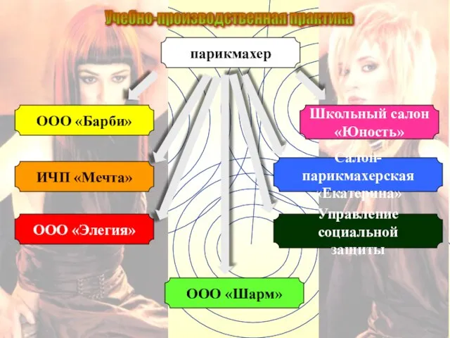 Учебно-производственная практика ООО «Барби» ООО «Элегия» Школьный салон «Юность» Салон-парикмахерская «Екатерина» Управление