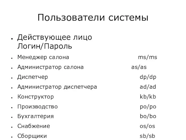 Пользователи системы Действующее лицо Логин/Пароль Менеджер салона ms/ms Администратор салона as/as Диспетчер