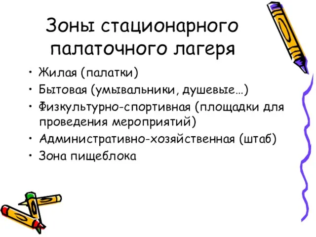 Зоны стационарного палаточного лагеря Жилая (палатки) Бытовая (умывальники, душевые…) Физкультурно-спортивная (площадки для