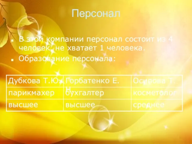 Персонал В этой компании персонал состоит из 4 человек, не хватает 1 человека. Образование персонала: