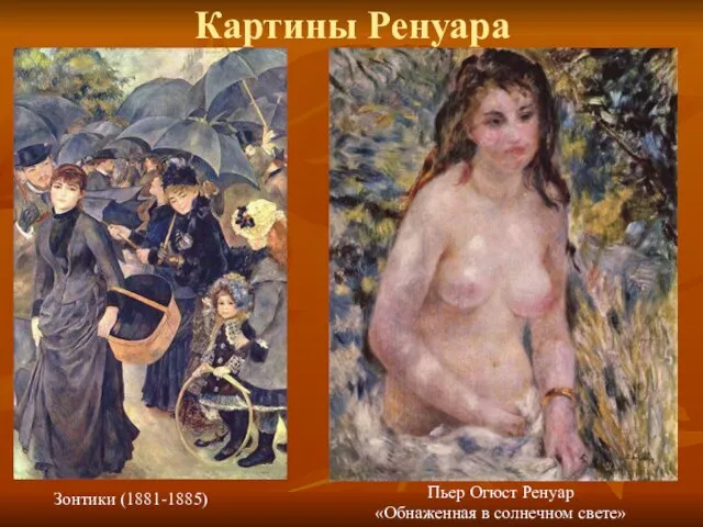 Картины Ренуара Зонтики (1881-1885) Пьер Огюст Ренуар «Обнаженная в солнечном свете»