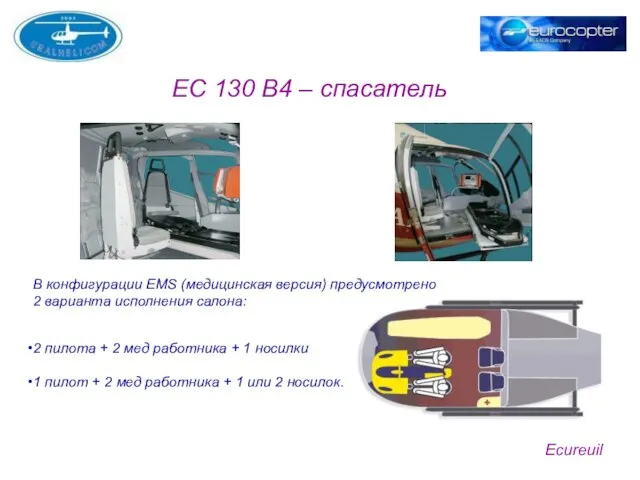 Ecureuil EC 130 B4 – спасатель В конфигурации EMS (медицинская версия) предусмотрено