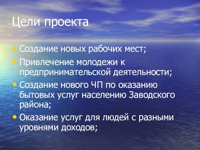 Цели проекта Создание новых рабочих мест; Привлечение молодежи к предпринимательской деятельности; Создание