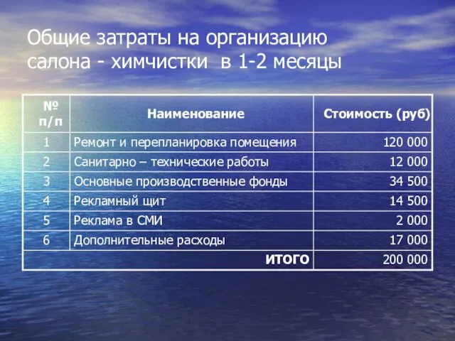 Общие затраты на организацию салона - химчистки в 1-2 месяцы