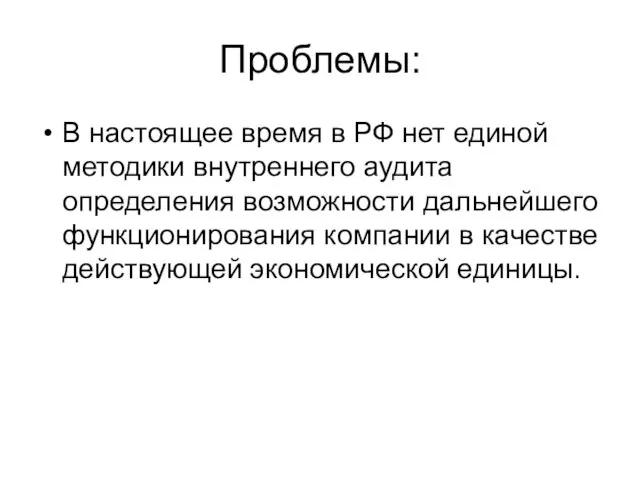 Проблемы: В настоящее время в РФ нет единой методики внутреннего аудита определения