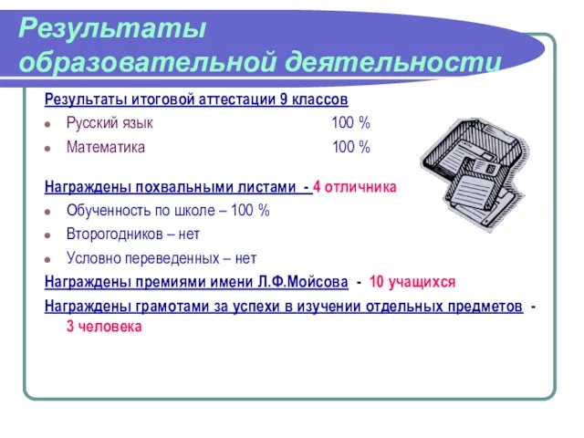 Результаты образовательной деятельности Результаты итоговой аттестации 9 классов Русский язык 100 %