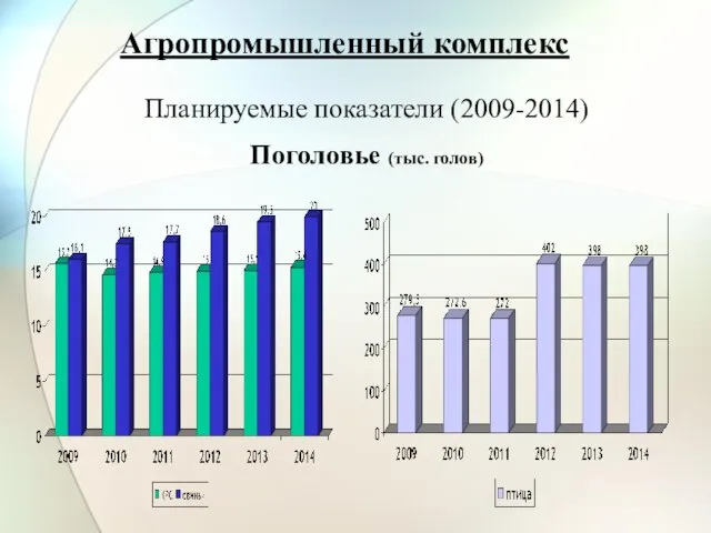 Агропромышленный комплекс Планируемые показатели (2009-2014) Поголовье (тыс. голов)