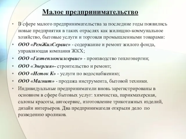 Малое предпринимательство В сфере малого предпринимательства за последние годы появились новые предприятия