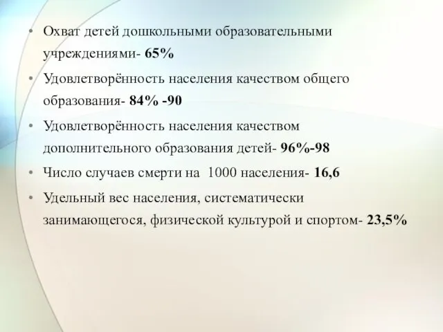 Охват детей дошкольными образовательными учреждениями- 65% Удовлетворённость населения качеством общего образования- 84%