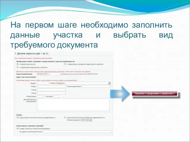 На первом шаге необходимо заполнить данные участка и выбрать вид требуемого документа