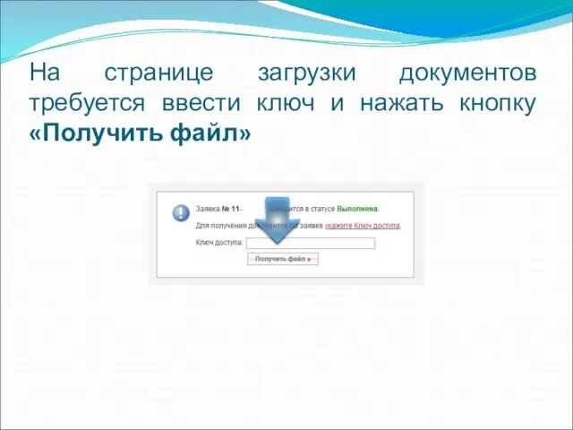 На странице загрузки документов требуется ввести ключ и нажать кнопку «Получить файл»