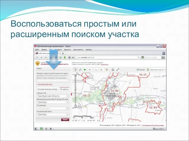 Воспользоваться простым или расширенным поиском участка