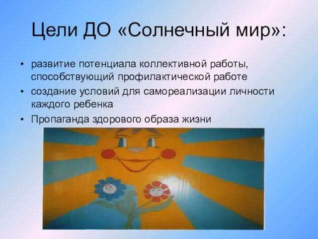 Цели ДО «Солнечный мир»: развитие потенциала коллективной работы, способствующий профилактической работе создание